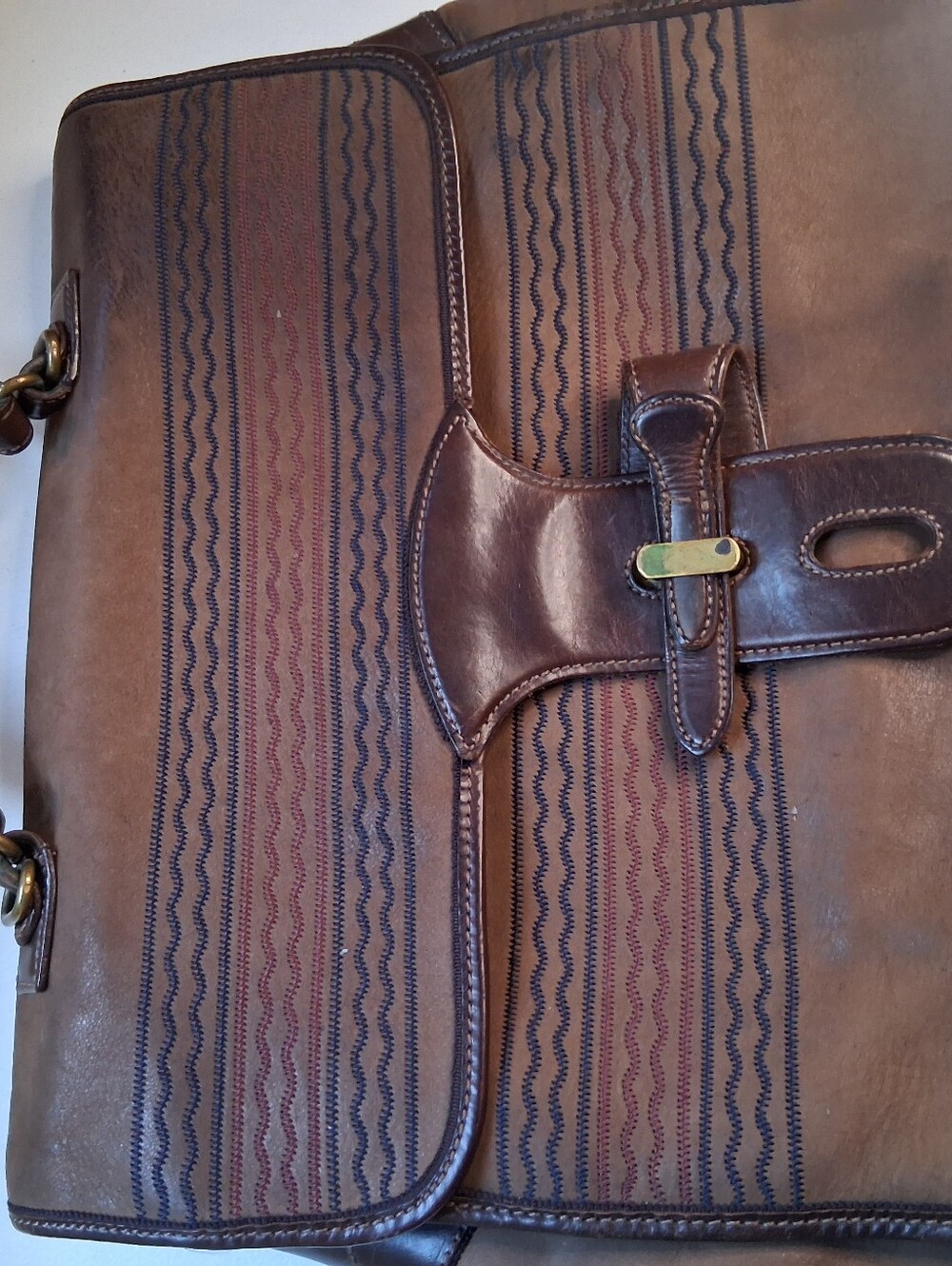 Vintage Dark Brown Leathe Satchel Briefcase Form Italy Colorful Stitching